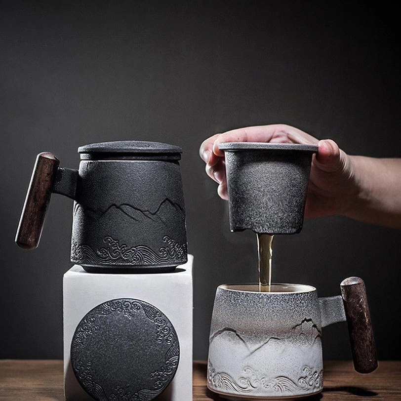 Full complete set of ceramic tea infuser mug with lid, filter and wooden handle