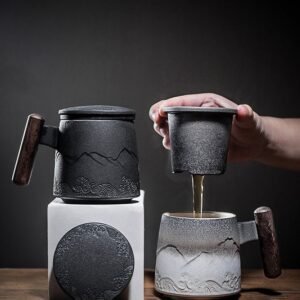 Full set of ceramic tea infuser mug with lid and wooden handle