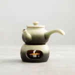 full view of complete gradient ceramic kyusu teapot with candle warmer set