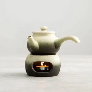 full view of complete gradient ceramic kyusu teapot with candle warmer set