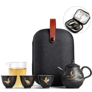 Full complete portable black golden crane travel tea set with carrying bag