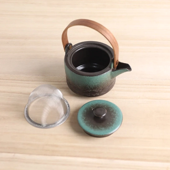 full product view of 200ml green brown gradient teapot with wooden handle and infuser