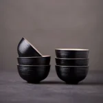 full set of 6 black vertical ribbed japanese tea cups 30ml