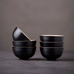 full set of 6 black vertical ribbed japanese tea cups 30ml