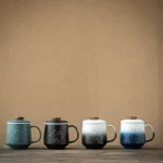 full set ceramic mountain tea infuser mug with infuser and wooden lid