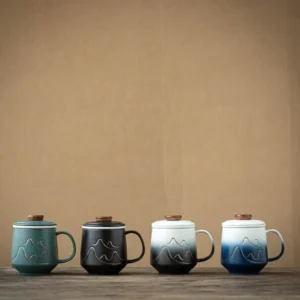 full set ceramic mountain tea infuser mug with infuser and wooden lid