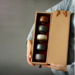 Full set of 5 multicolor Chinese ceramic Gongfu tea cups in gift packaging
