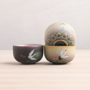 full set of three hand-painted chinese ceramic crane lotus tea cups 100ml