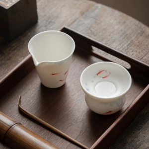 Full set of hand-painted lucky fish white porcelain Gong Dao Bei tea pitcher with matching tea strainer and holder