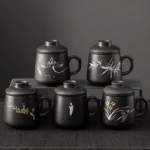 full set of matte black chinese art ceramic tea infuser mug with infuser and lid