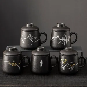 full set of matte black chinese art ceramic tea infuser mug with infuser and lid