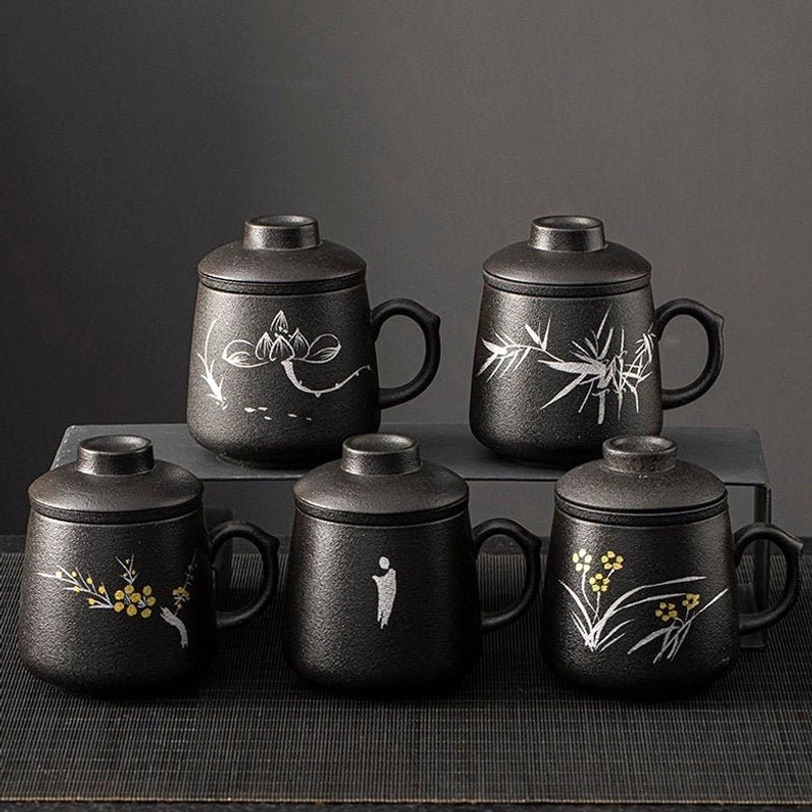 full set of matte black chinese art ceramic tea infuser mug with infuser and lid