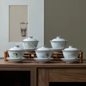 full set 160ml vintage cat ceramic gaiwan tea cup three piece