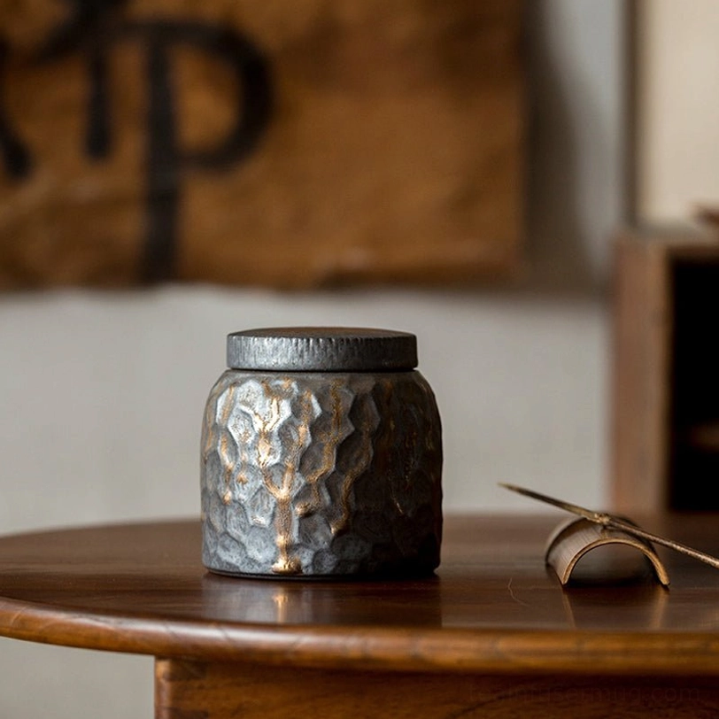 full side view of textured ceramic loose tea storage canister