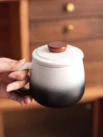 full view 12oz gradient ceramic tea infuser mug with strainer and lid