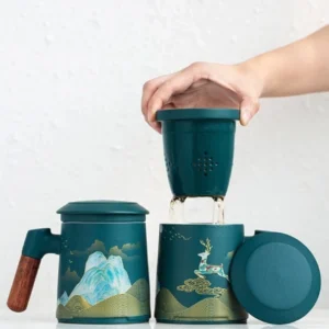 full view of 14oz chinese style ceramic tea mug with infuser, lid and wooden handle