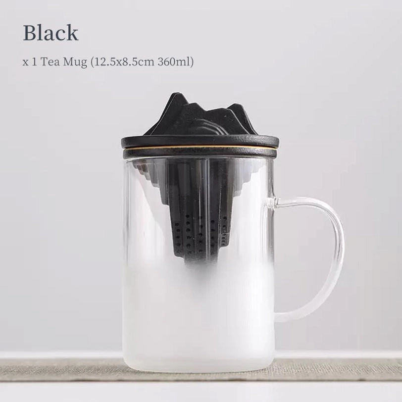 full view of mountain glass tea infuser mug with black ceramic infuser variant