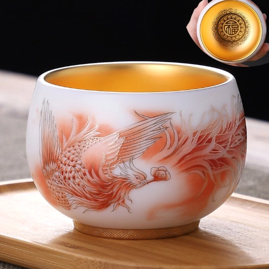 Full view of traditional Chinese red phoenix ceramic gongfu tea cup 170ml