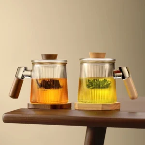 full product view of 400ml glass tea infuser mug with wooden handle