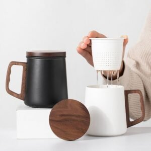 full view large 14oz ceramic tea mug with wooden lid and handle