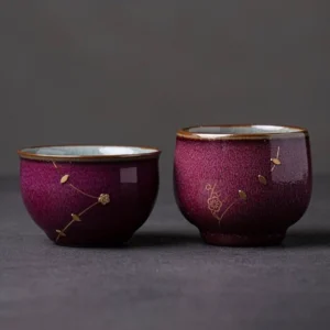 full view purple glaze gold branch chinese ceramic tea cup