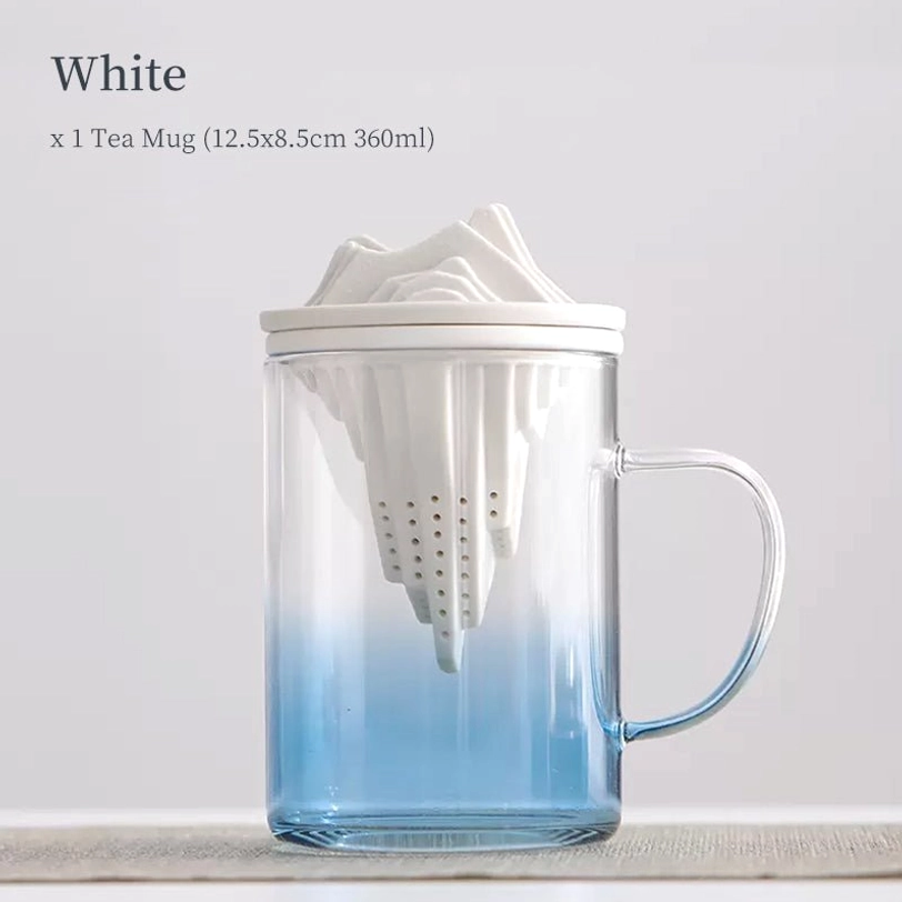 full view of mountain glass tea infuser mug with white ceramic infuser variant