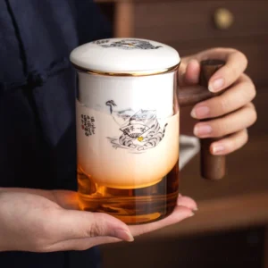 full product view of 14oz glass tea infuser mug with ceramic filter and walnut handle