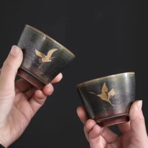 side view of 90ml gold crane chinese ceramic tea cup