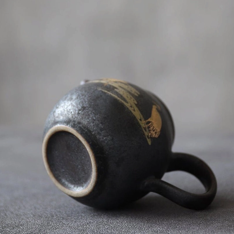 top view of 230ml black ceramic teapot with golden crane