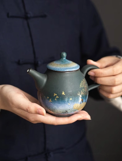 golden deer starry sky 240ml ceramic teapot with infuser front view