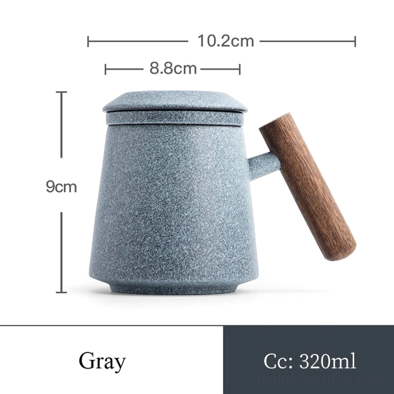 gray 10.8oz ceramic tea infuser mug complete with lid and wooden handle