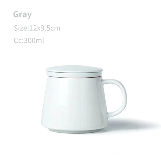 Light gray (off-white) minimalist ceramic tea infuser mug with removable infuser lid