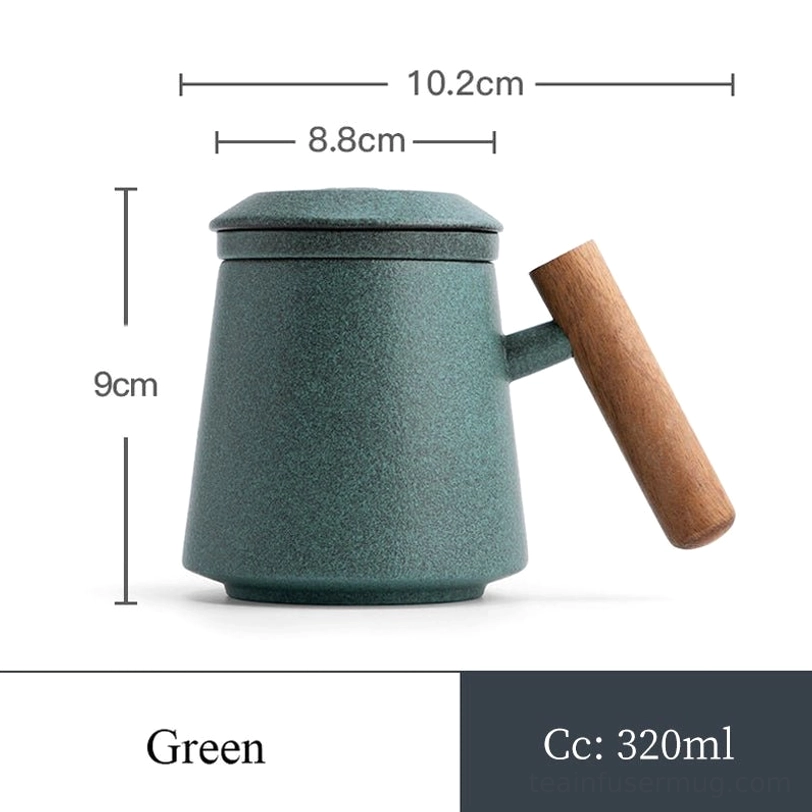 green 10.8oz ceramic tea infuser mug complete with lid and wooden handle