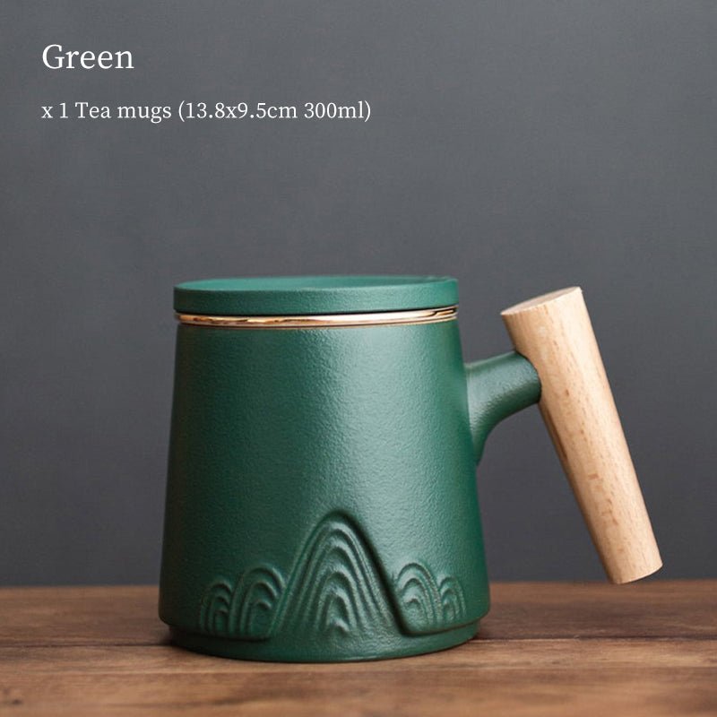 green new chinese ceramic tea mug with infuser and lid side view