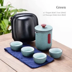 green matte 120ml ceramic travel tea set with wood handle