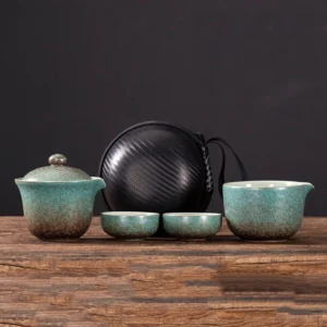 Green textured ceramic 160ml travel kung fu tea set full view