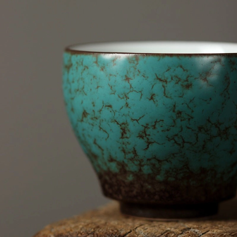 green chinese tea cup placed on natural wooden table for styling