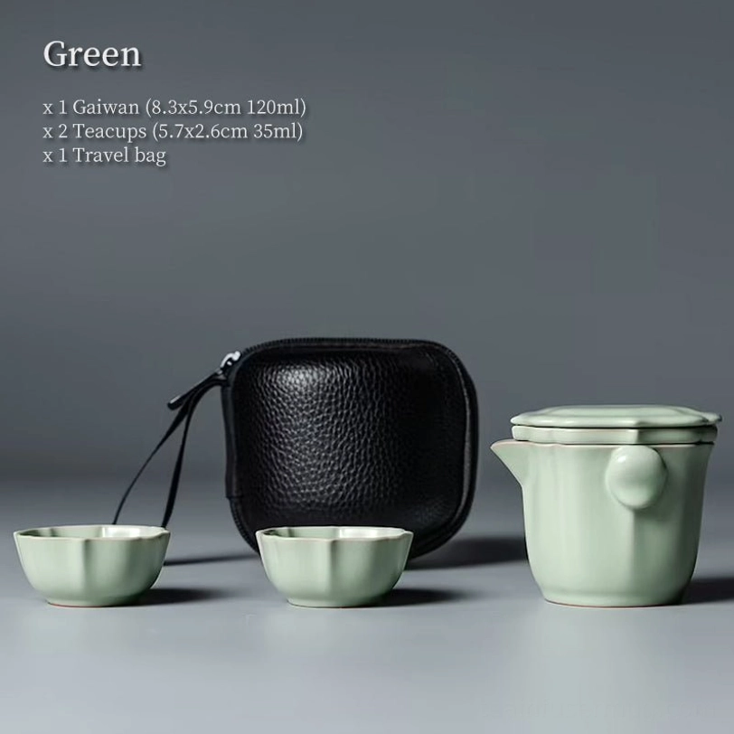 full closed green travel tea set in protective carrying bag