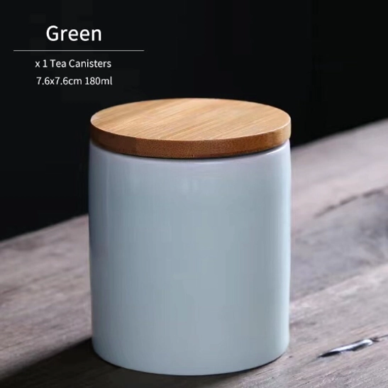 Green color variant of compact ceramic tea storage container