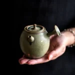 full product shot of sage green ginkgo motif side handle ceramic teapot
