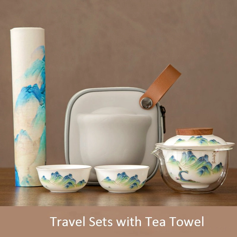complete green landscape chinese travel tea set in padded carry case