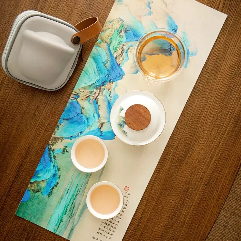 matching green landscape tea towel for travel tea set
