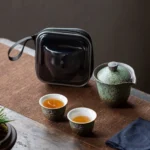 complete 175ml green lotus ceramic travel tea set with carry bag