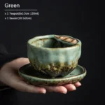 green lotus shaped chinese ceramic teapot with matching saucer