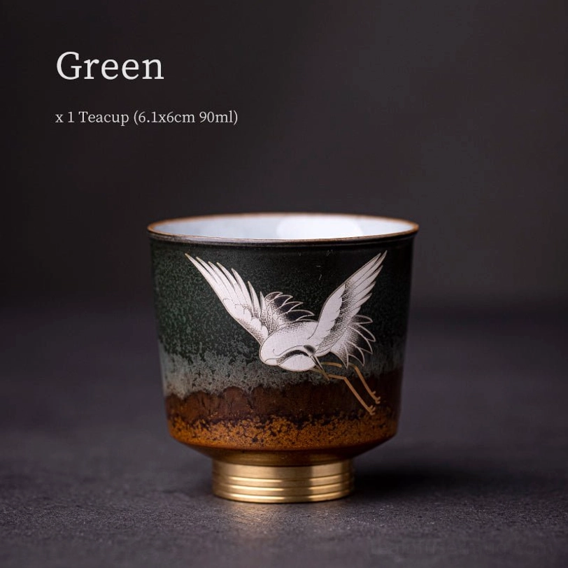 green color red crane chinese ceramic tea cup