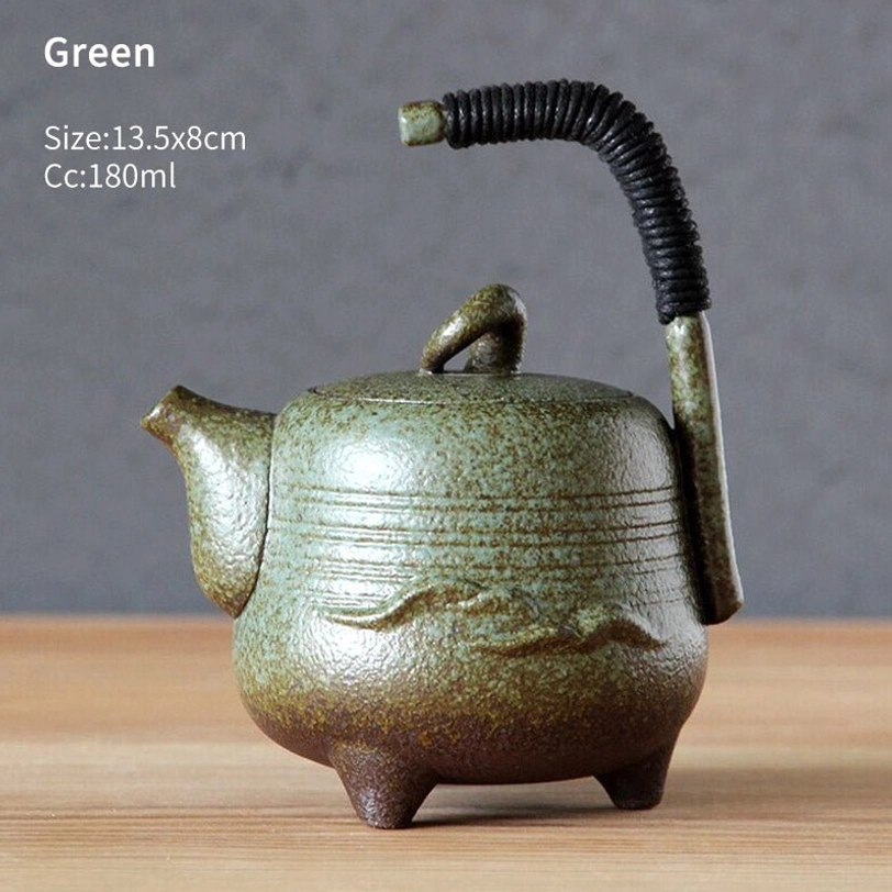 180ml green small ceramic teapot with infuser rope wrapped handle
