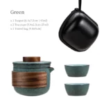 green retro ceramic travel tea set with carry case opened