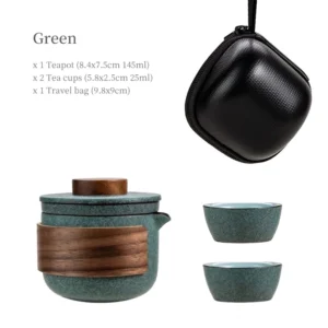 green retro ceramic travel tea set with carry case opened