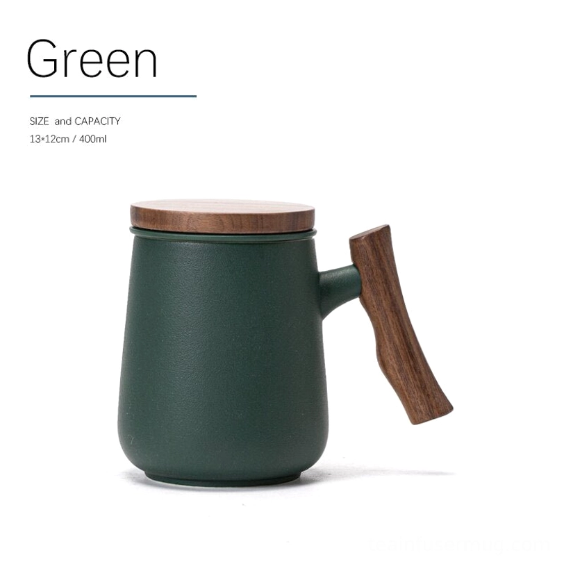 green color variant of ceramic tea infuser mug with wooden handle