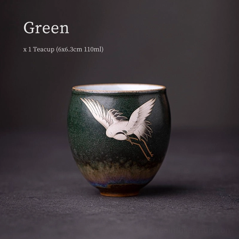 full view of green vintage chinese ceramic crane tea cup 110ml